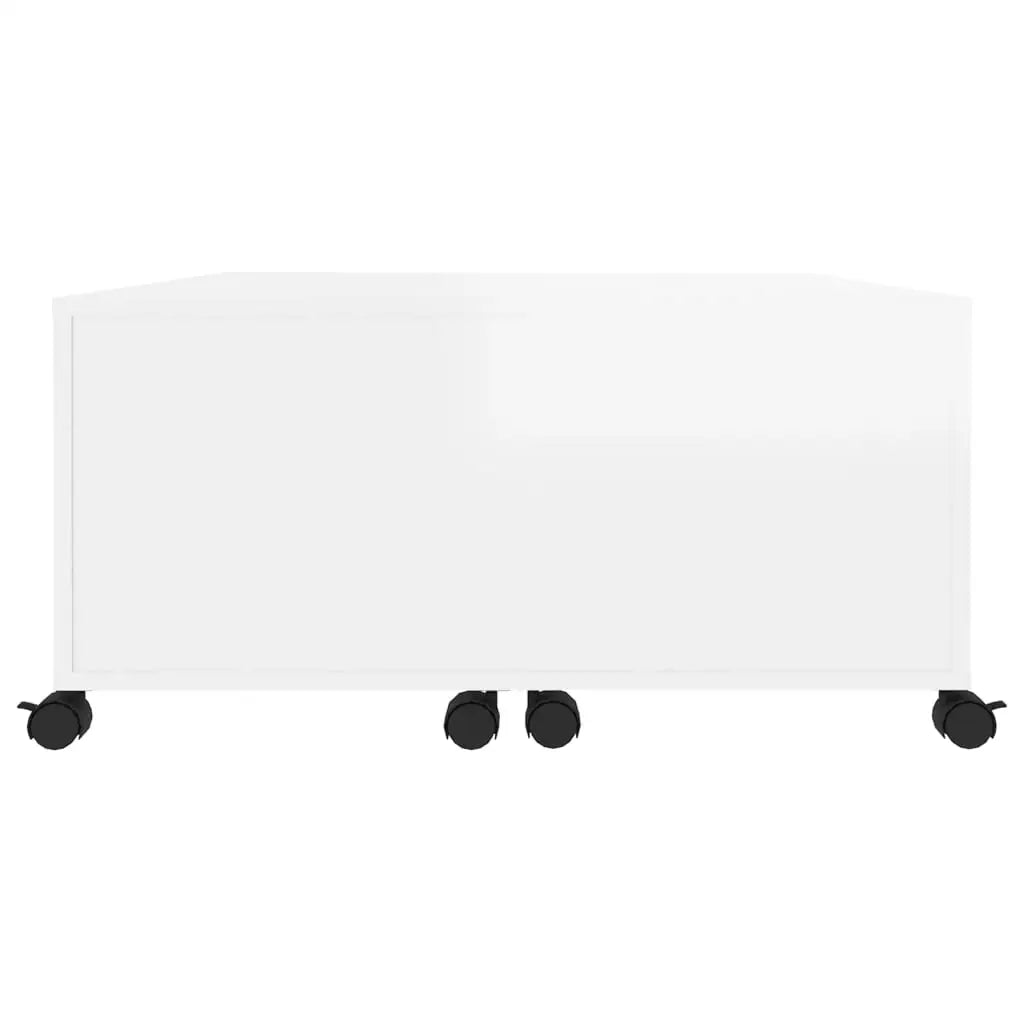 High Glossy White Coffee Table On Wheels for Living Room with Storage Compartments Wooden Chipboard Table 75 x 75 x 38 cm