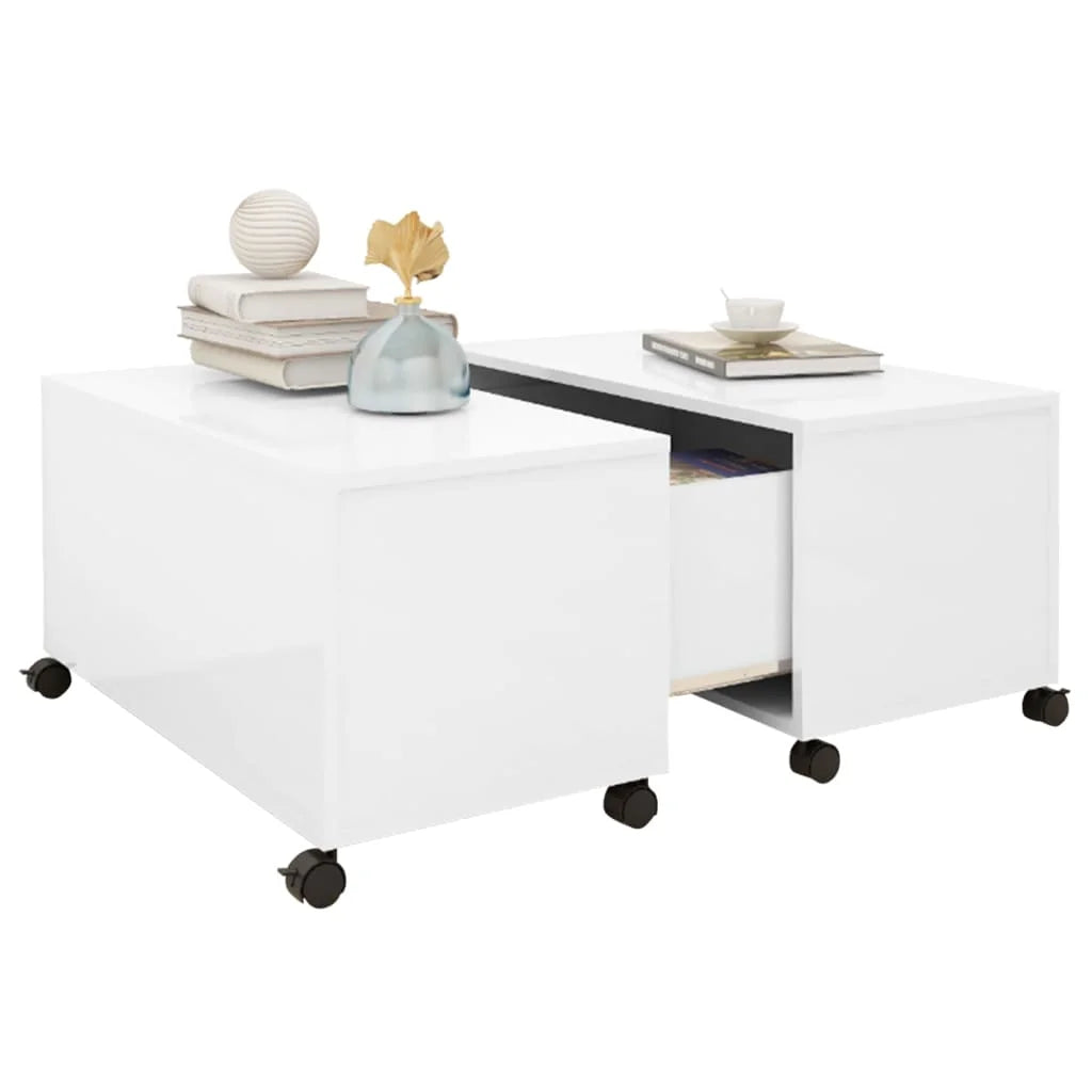 High Glossy White Coffee Table On Wheels for Living Room with Storage Compartments Wooden Chipboard Table 75 x 75 x 38 cm