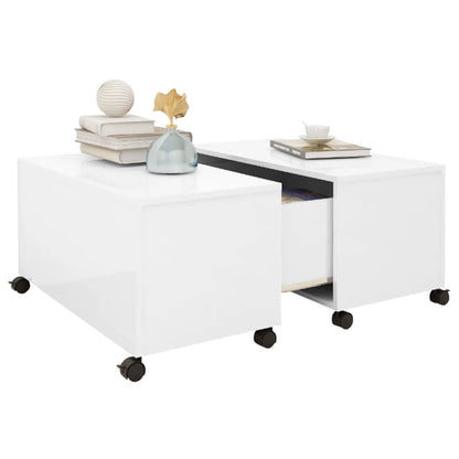 High Glossy White Coffee Table On Wheels for Living Room with Storage Compartments Wooden Chipboard Table 75 x 75 x 38 cm