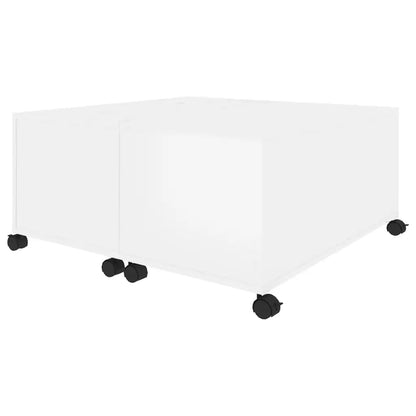 High Glossy White Coffee Table On Wheels for Living Room with Storage Compartments Wooden Chipboard Table 75 x 75 x 38 cm