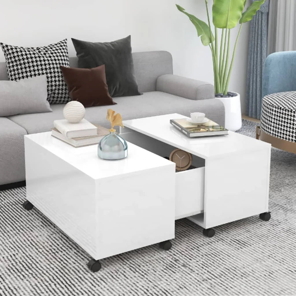 High Glossy White Coffee Table On Wheels for Living Room with Storage Compartments Wooden Chipboard Table 75 x 75 x 38 cm
