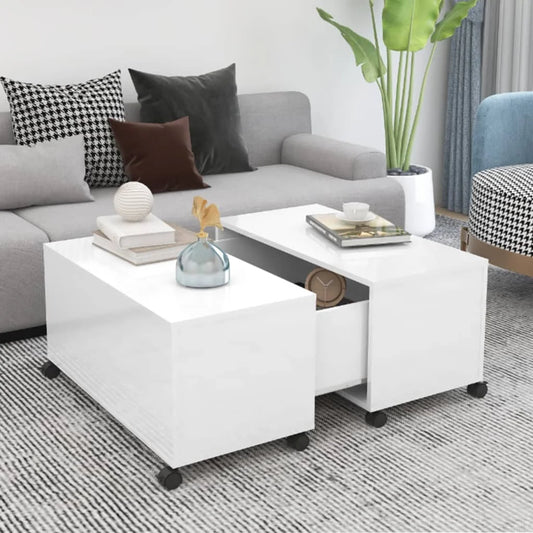 High Glossy White Coffee Table On Wheels for Living Room with Storage Compartments Wooden Chipboard Table 75 x 75 x 38 cm