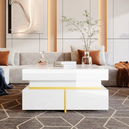 70 L x 35,5 H x 70 B (cm) Coffee table, Black high gloss living room table, side table with drawers and golden accents