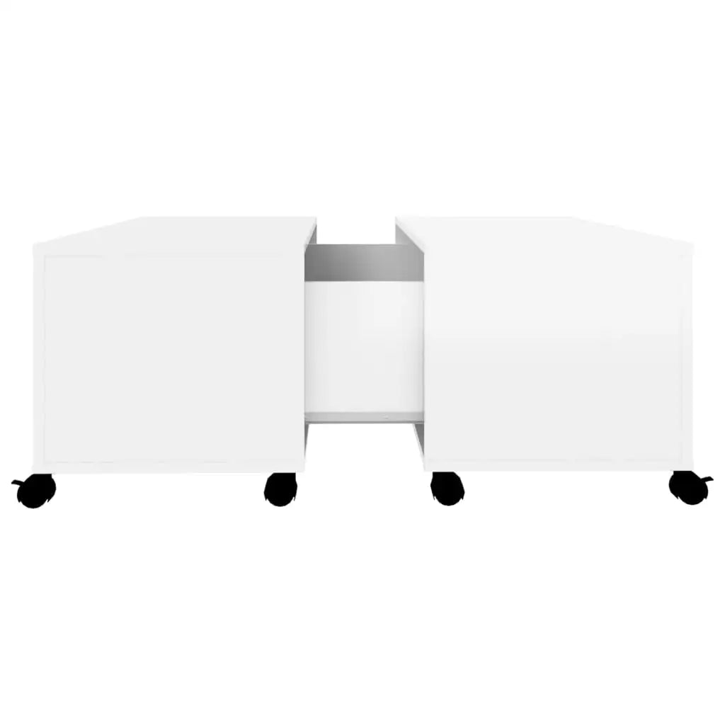 High Glossy White Coffee Table On Wheels for Living Room with Storage Compartments Wooden Chipboard Table 75 x 75 x 38 cm