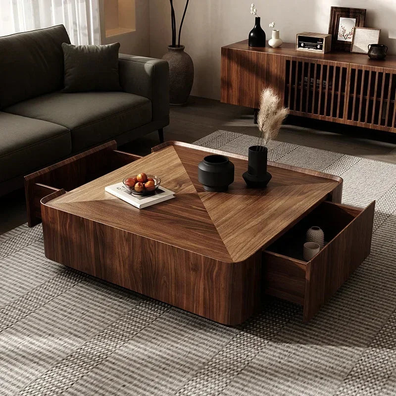 Black Walnut Solid Wood Coffee Table,Modern Square Storage Living Room Furniture,Nordic Style Minimalism Walnut Color Tea Table