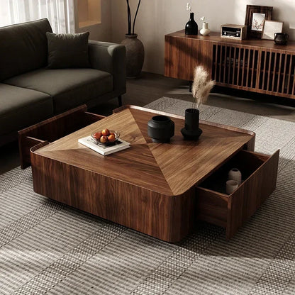 Black Walnut Solid Wood Coffee Table,Modern Square Storage Living Room Furniture,Nordic Style Minimalism Walnut Color Tea Table