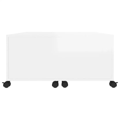 High Glossy White Coffee Table On Wheels for Living Room with Storage Compartments Wooden Chipboard Table 75 x 75 x 38 cm