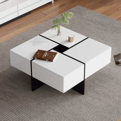 70 L x 35,5 H x 70 B (cm) Coffee table, Black high gloss living room table, side table with drawers and golden accents