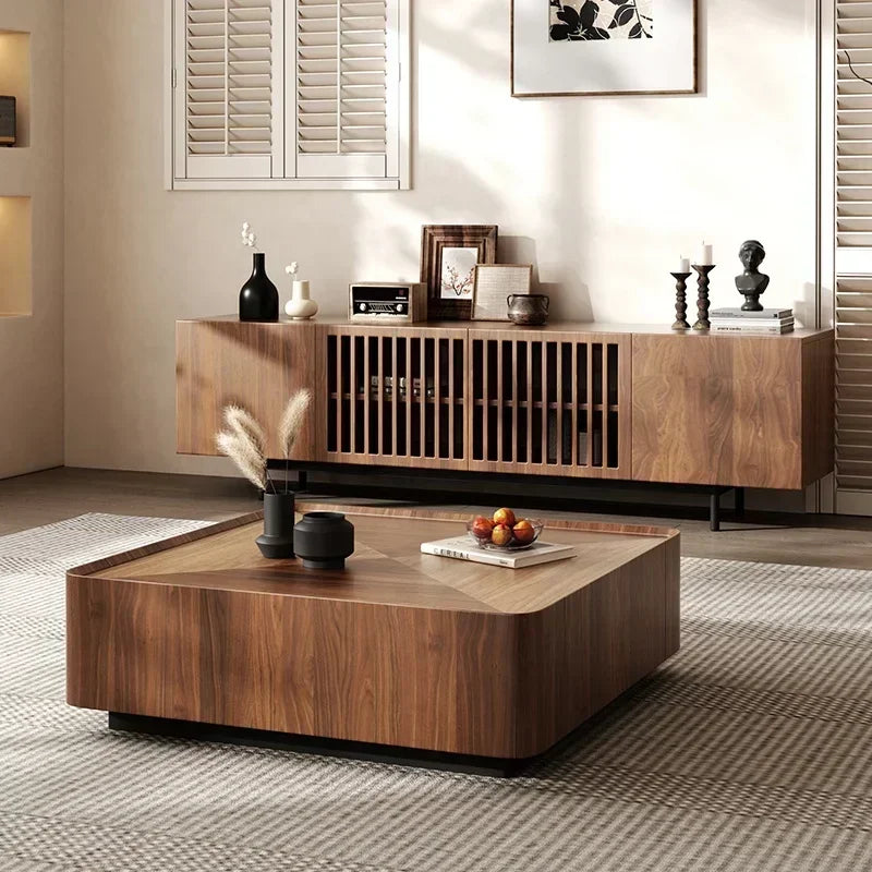 Black Walnut Solid Wood Coffee Table,Modern Square Storage Living Room Furniture,Nordic Style Minimalism Walnut Color Tea Table