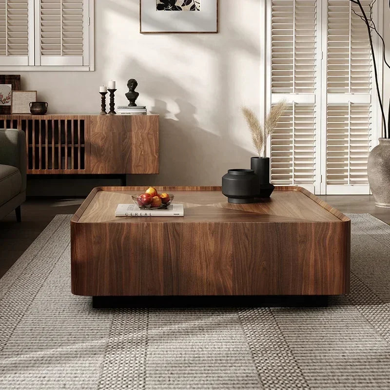 Black Walnut Solid Wood Coffee Table,Modern Square Storage Living Room Furniture,Nordic Style Minimalism Walnut Color Tea Table
