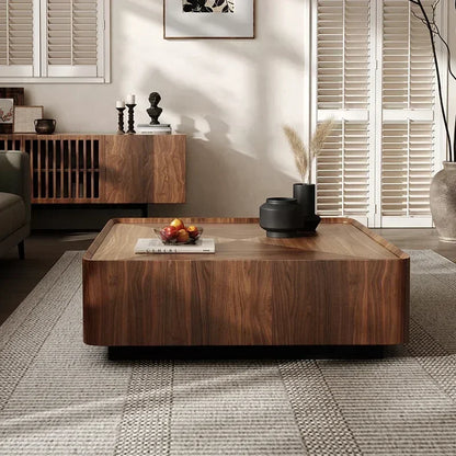 Black Walnut Solid Wood Coffee Table,Modern Square Storage Living Room Furniture,Nordic Style Minimalism Walnut Color Tea Table