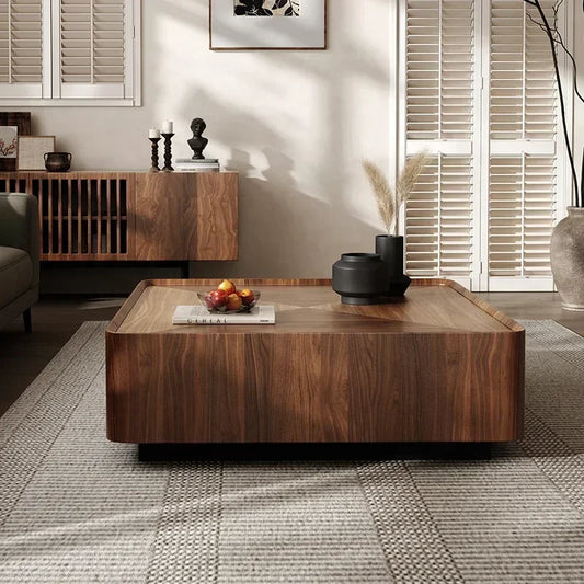 Black Walnut Solid Wood Coffee Table,Modern Square Storage Living Room Furniture,Nordic Style Minimalism Walnut Color Tea Table