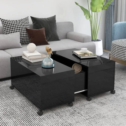 High Glossy White Coffee Table On Wheels for Living Room with Storage Compartments Wooden Chipboard Table 75 x 75 x 38 cm