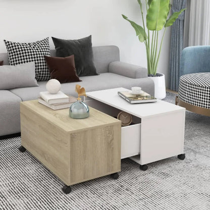 High Glossy White Coffee Table On Wheels for Living Room with Storage Compartments Wooden Chipboard Table 75 x 75 x 38 cm