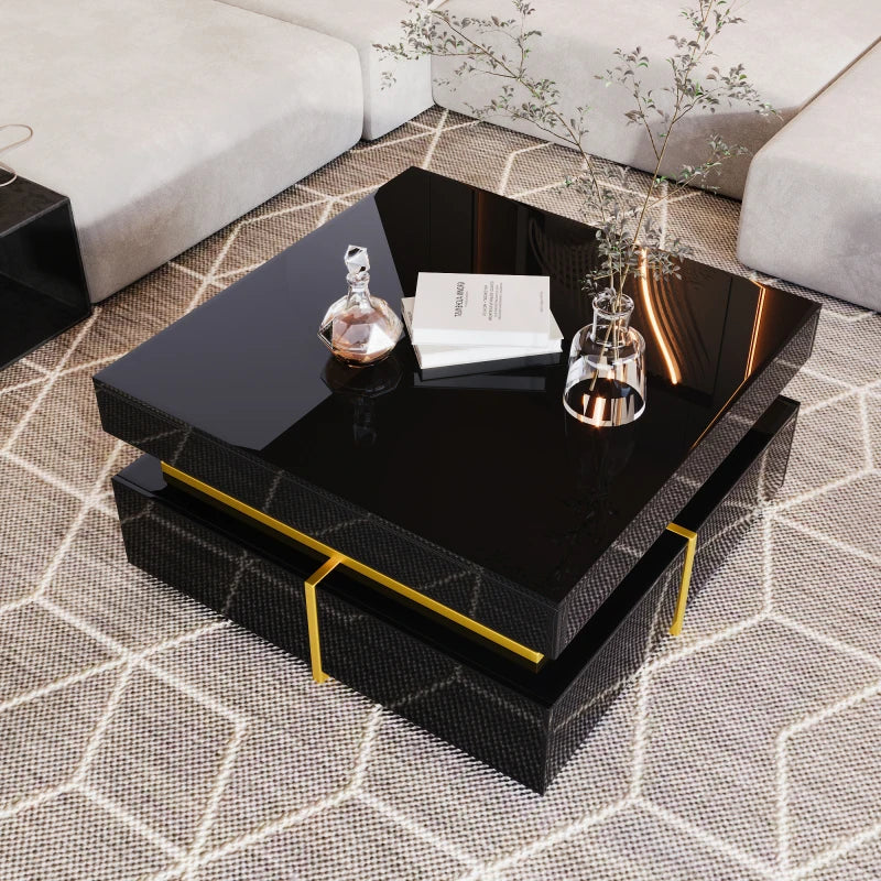 70 L x 35,5 H x 70 B (cm) Coffee table, Black high gloss living room table, side table with drawers and golden accents