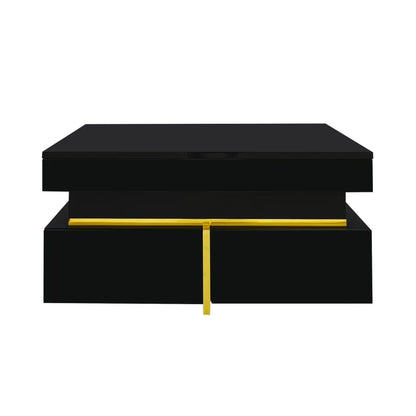 70 L x 35,5 H x 70 B (cm) Coffee table, Black high gloss living room table, side table with drawers and golden accents