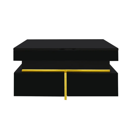 70 L x 35,5 H x 70 B (cm) Coffee table, Black high gloss living room table, side table with drawers and golden accents